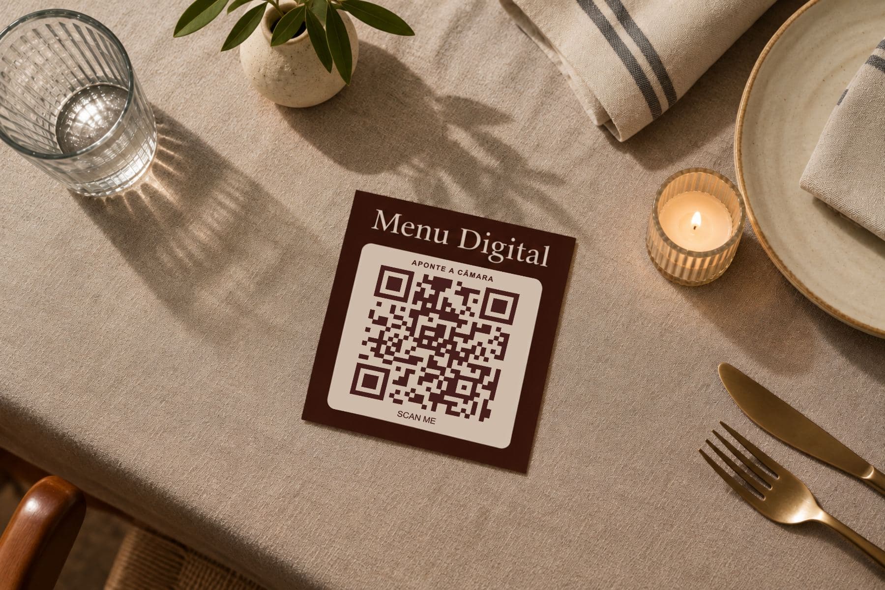 O cartão com o código QR da Casa Flóes em cima de uma mesa posta