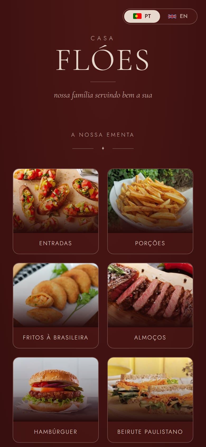 A ementa da Casa Flóes num telemóvel, depois de ler o código QR