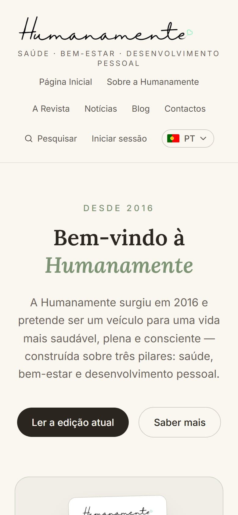 O site da Revista Humanamente num telemóvel