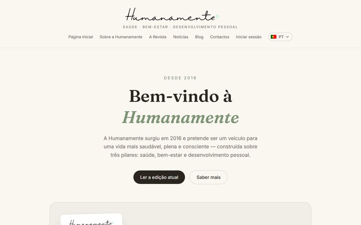 Página inicial do site da revista Humanamente, criado pela Siteron